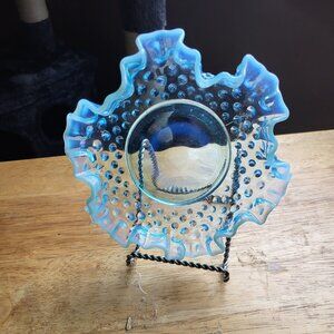 Fenton Blue Opalescent Hobnail Ruffled Bonbon Trinket Candy Dish GUC "BIN E"